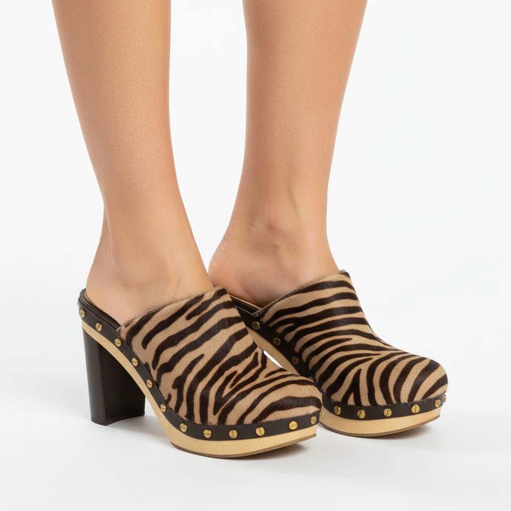 Veronica Beard Grita Calf Hair Studded Mules Clogs Wooden Heels Zebra Size 7 - Picture 1 of 12
